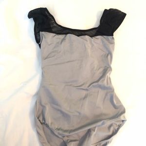 Silver cap sleeve leotard with black mesh size XS